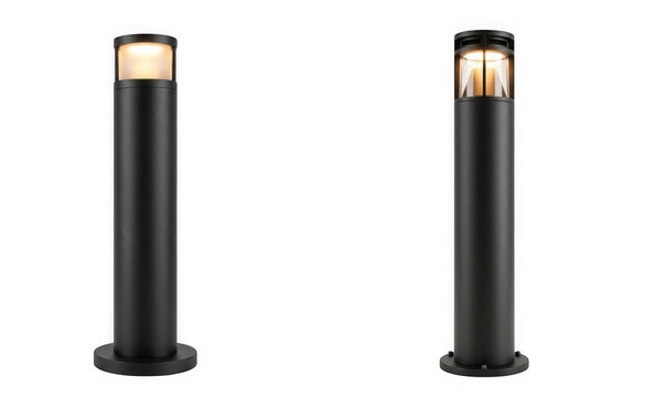 Two modern black outdoor bollard lights for garden path lighting isolated on transparent background