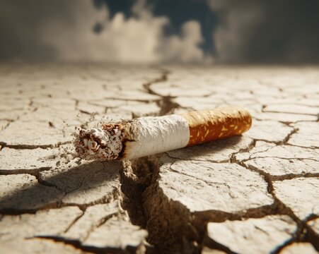 Cigarette transforming into dry cracked earth, climate and health metaphor, ultra detailed