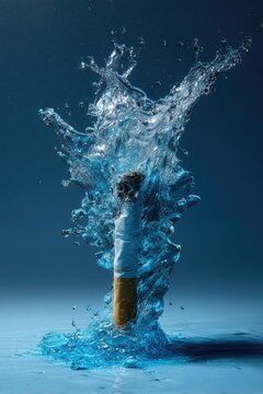 Cigarette transforming into clear blue water splash, high-speed macro photography look