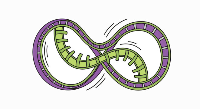 A vibrant purple and green double loop roller coaster track twists in an infinity symbol shape with motion lines suggesting speed on a white background.