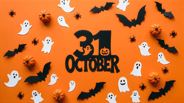 Halloween decorations, October 31st, orange background, ghost, bats, pumpkins halloween
