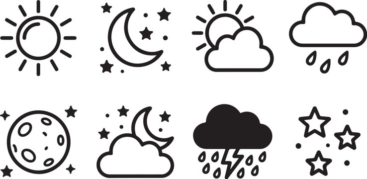 Minimal weather icons set with sun, moon, clouds and stars