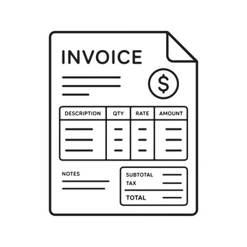 Modern invoice document line icon featuring billing details, itemized table, tax, total amount, and payment symbol. Ideal for accounting, finance, invoicing, and bookkeeping concepts.