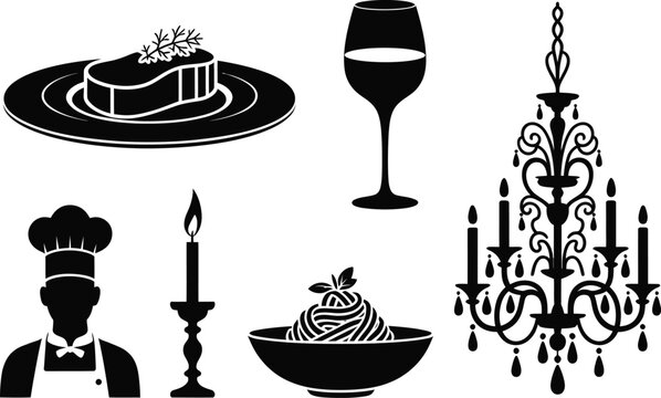 Fine dining and elegant restaurant experience icon collection with restaurant spaghetti chandelier candelabra hospitality culinary silhouette graphics illustration professional catering