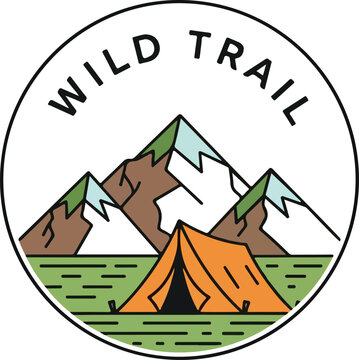 Minimalist camping logo with mountains and orange tent design.
