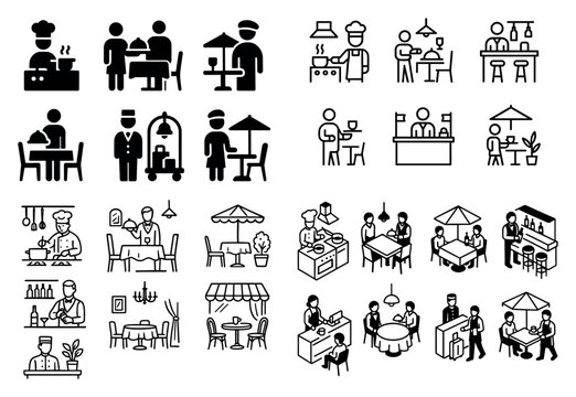 Restaurant icons with chef table waiter minimal