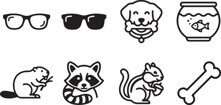Set of cute animal icons and accessories