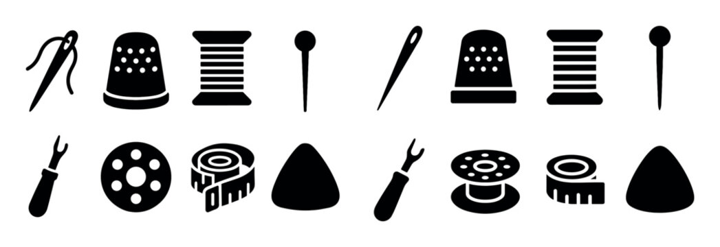 Sewing icons with needle thimble spool silhouette
