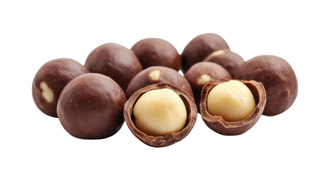A cluster of macadamia nuts, whole and cracked with visible creamy kernels, isolated on a black background, for food