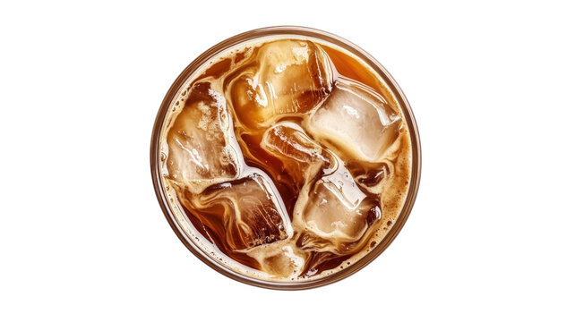 A down view of a glass of iced coffee with milk and ice cubes showing the swirling liquid patterns isolated on a black background