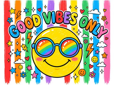 Good Vibes Only Colorful Smiley Face Typography with Rainbow Sunglasses, Rainbow Crayon Background, Positive Quote Illustration for Kids and Trendy Apparel