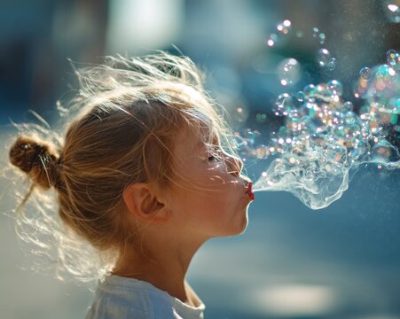 Child blowing soap bubbles instead of smoke, joyful atmosphere, bright daylight