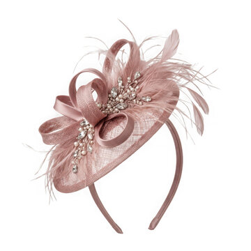 Elegant dusty pink fascinator hat with feathers and crystals isolated on transparent background