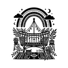 Fototapeta premium Decorated hanging cradle silhouette illustration boho nursery vector