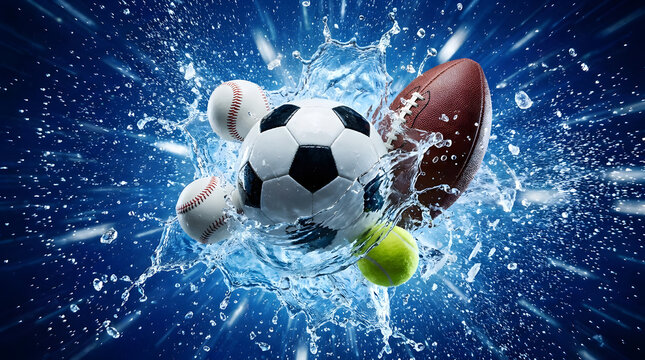 Sports balls splashing in water, Soccer ball, Tennis ball, Baseball, American football, Rugby ball
