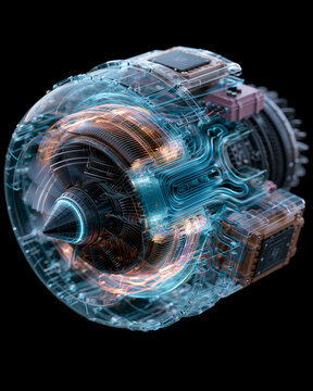 Transparent Electric Aircraft Engine Revealing Internal Components