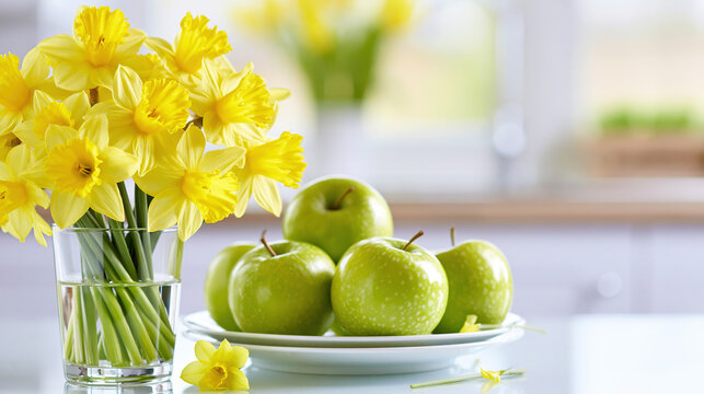 Fresh yellow daffodils in a glass vase with green apples on a white plate
