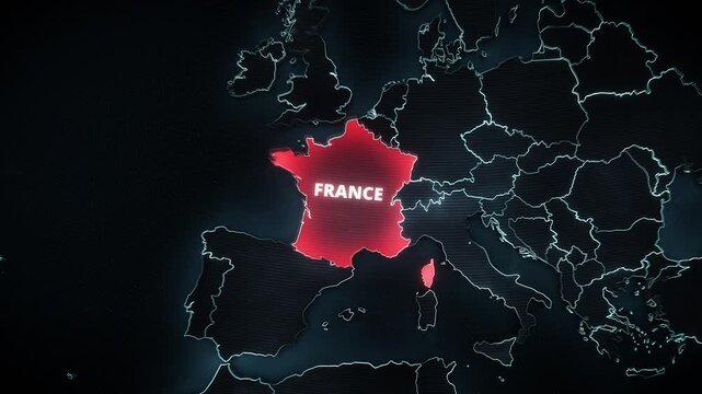 High-tech dark map of Europe with France highlighted in glowing red, featuring cyan borders and extruded 3D landmasses. Ideal for broadcast news graphics or widescreen geopolitical presentations.
