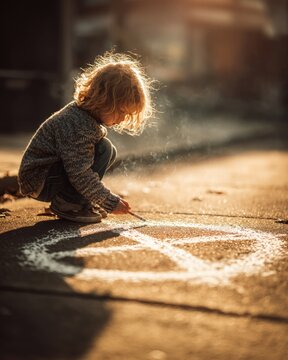 Child drawing a no-smoking symbol with chalk on pavement, soft natural light, hopeful atmosphere