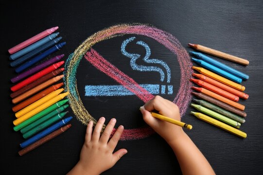 Child drawing no smoking sign with crayons, innocent perspective, colorful artistic expression, youth education theme, overhead flat lay composition