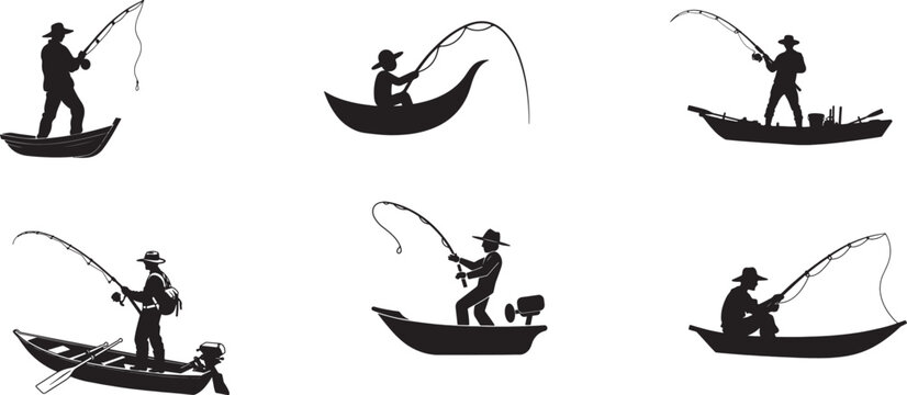 Fishing vector silhouette, spinning fisherman silhouette vector, various positions and poses of men fishing vector illustration of sport hobby on white background