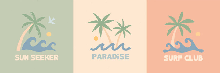 Retro surf logo illustrations with palm trees,ocean waves,sun,bird in soft pastel colors.Coastal summer aesthetic.Tropical beach prints for resort branding,apparel design,surf stickers,t-shirts logo © Xenia Artwork 