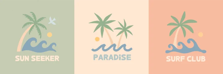Retro surf logo illustrations with palm trees,ocean waves,sun,bird in soft pastel colors.Coastal summer aesthetic.Tropical beach prints for resort branding,apparel design,surf stickers,t-shirts logo © Xenia Artwork 