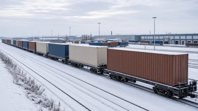 Long train of cargo containers on snowy tracks in a freight yard during winter season