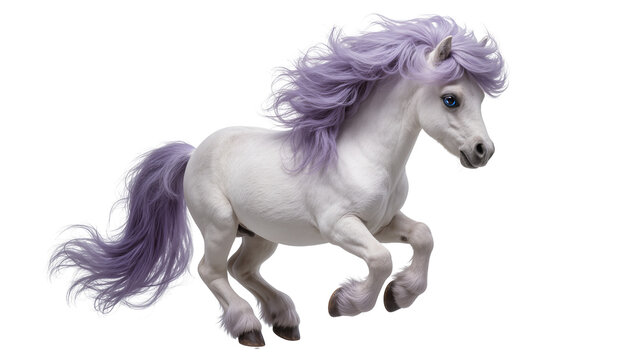 Isolated magical white pony with vibrant purple hair and striking blue eyes, galloping with energy