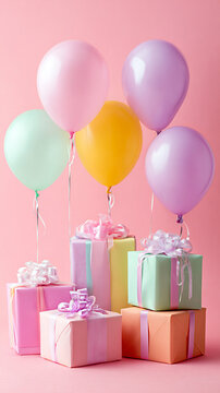 Colorful balloons in pastel shades floating above a stack of beautifully wrapped gift boxes on a pink background, perfect for celebrations and special occasions
