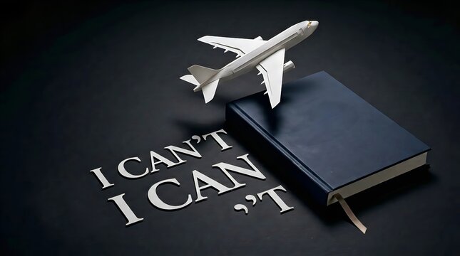Toy Airplane Model on Top of Passport Notebook Over Inspirational Text Background
