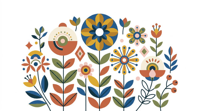Colorful folk art floral garden pattern with stylized blossoms and leaves.