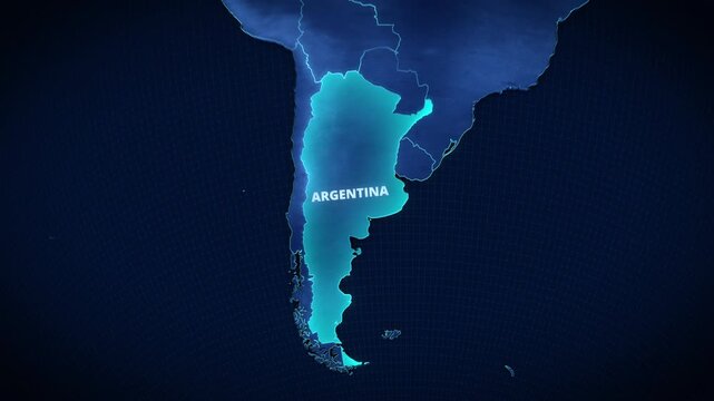 High-tech digital map of South America highlighting Argentina in bright glowing blue with typography. Ideal for horizontal broadcast news graphics, documentaries, and corporate presentations.

