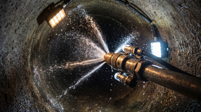 Industrial robotic nozzle sprays water inside a dark concrete pipe for sewer maintenance.