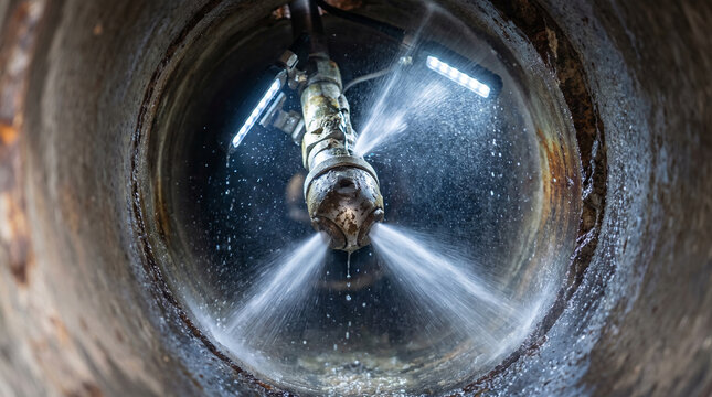 Industrial high-pressure nozzle spraying water inside a dark underground sewage pipe for maintenance.