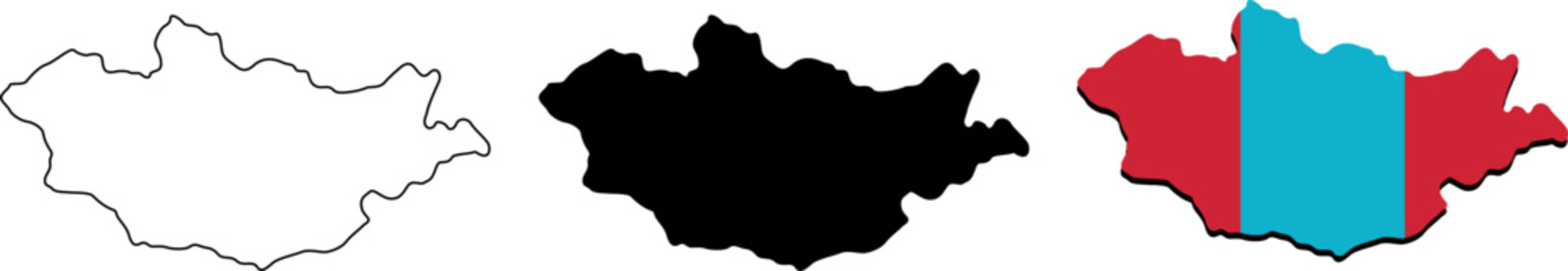 Set of Mongolia map outlines including silhouette and national flag design