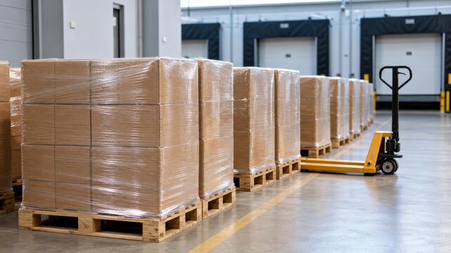 Many stacked pallets wrapped in plastic sit in a warehouse near loading docks during daylight hours