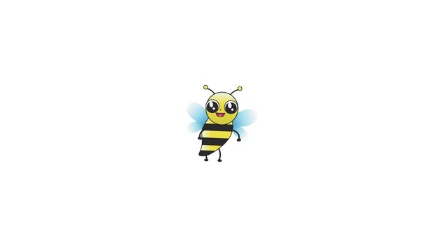 Happy animated cartoon bee character hovering against white background. 4K Video