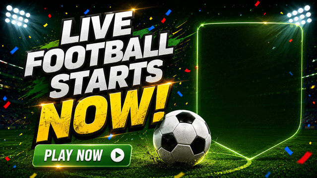 Live football world cup 2026 tournament start promotional graphic with soccer ball and glowing neon green frame football broadcast tournament