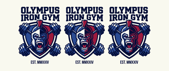 Naklejka premium This dynamic logo features a muscular gorilla surrounded by weights, embodying strength, power, and energy, making it ideal for gym branding or fitness marketing.