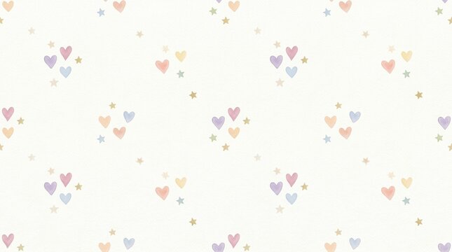 Seamless pattern featuring small watercolor hearts and stars in pastel colors scattered on a clean white background, for minimalist nursery textile