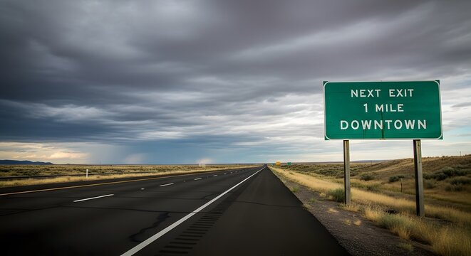 A large rectangular green highway road sign indicating the next exit to the downtown area under a stormy sky