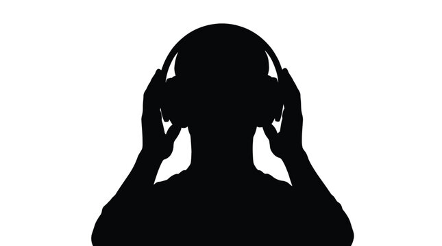 Minimalist black vector illustration showing a person wearing large headphones in a simple graphic style