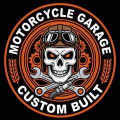 Fototapeta premium This striking logo design features a skull wearing aviator goggles surrounded by motorcycle tools, representing the union of grit, mechanics, and motorcycle culture in a bold fashion.