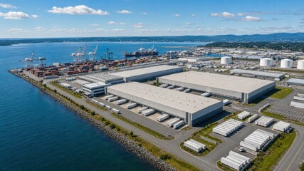 Fototapeta premium Large shipping yard with cranes, trucks, and containers near water on a sunny day in a coastal area
