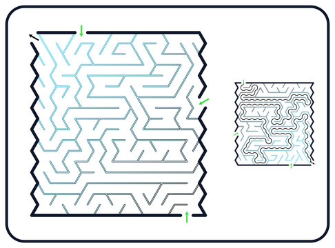 Rectangular maze for kids, medium difficulty printable logic game, find the way from start to exit, black and white line art, activity worksheet page with solution