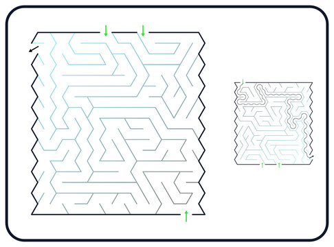 Rectangular maze for kids, easy printable logic game, find the way from start to exit, black and white line art, activity worksheet page with solution