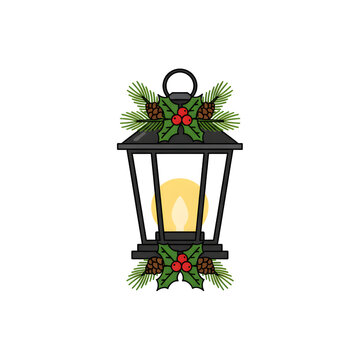 Christmas Lantern with Holly Berries and Pinecones