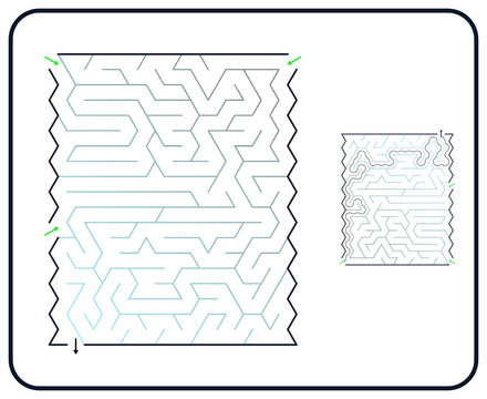 Rectangular maze for children, medium difficulty printable logic game, find the way from start to exit, line art, activity worksheet page with solution