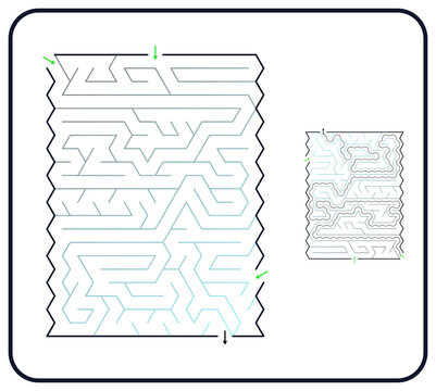 Rectangular maze for kids, medium difficulty printable logic game, find the way from start to exit, line art, activity worksheet page with solution